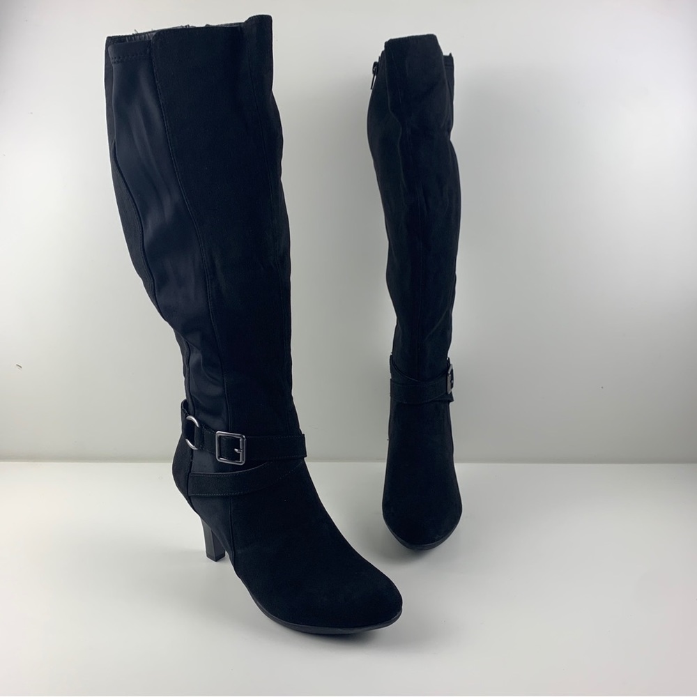 Solanz MARYLAND Black Tall Round Toe Side Zip Buckled Boots Women’s Size 8.5M